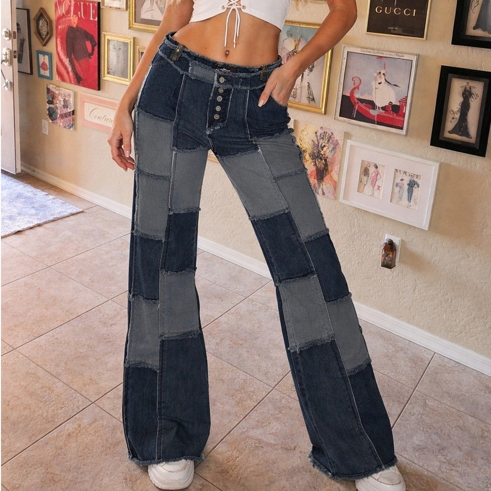 Lazer Jeans Patchwork Wide Leg Denim Pants Blue Y2K Frayed Raw Hem Size 11